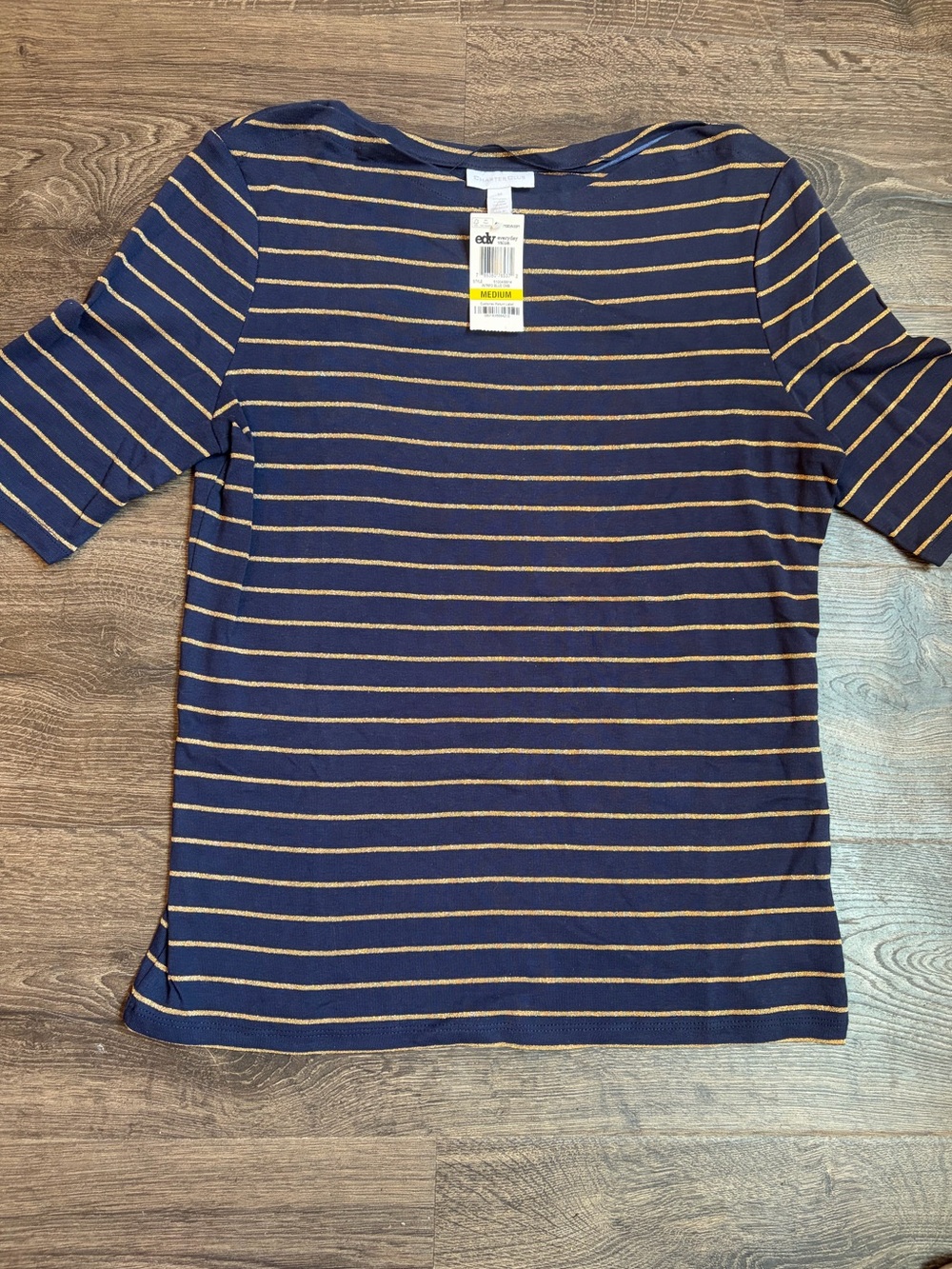Charter Club Navy Blue and Gold Striped Short Sleeve Top